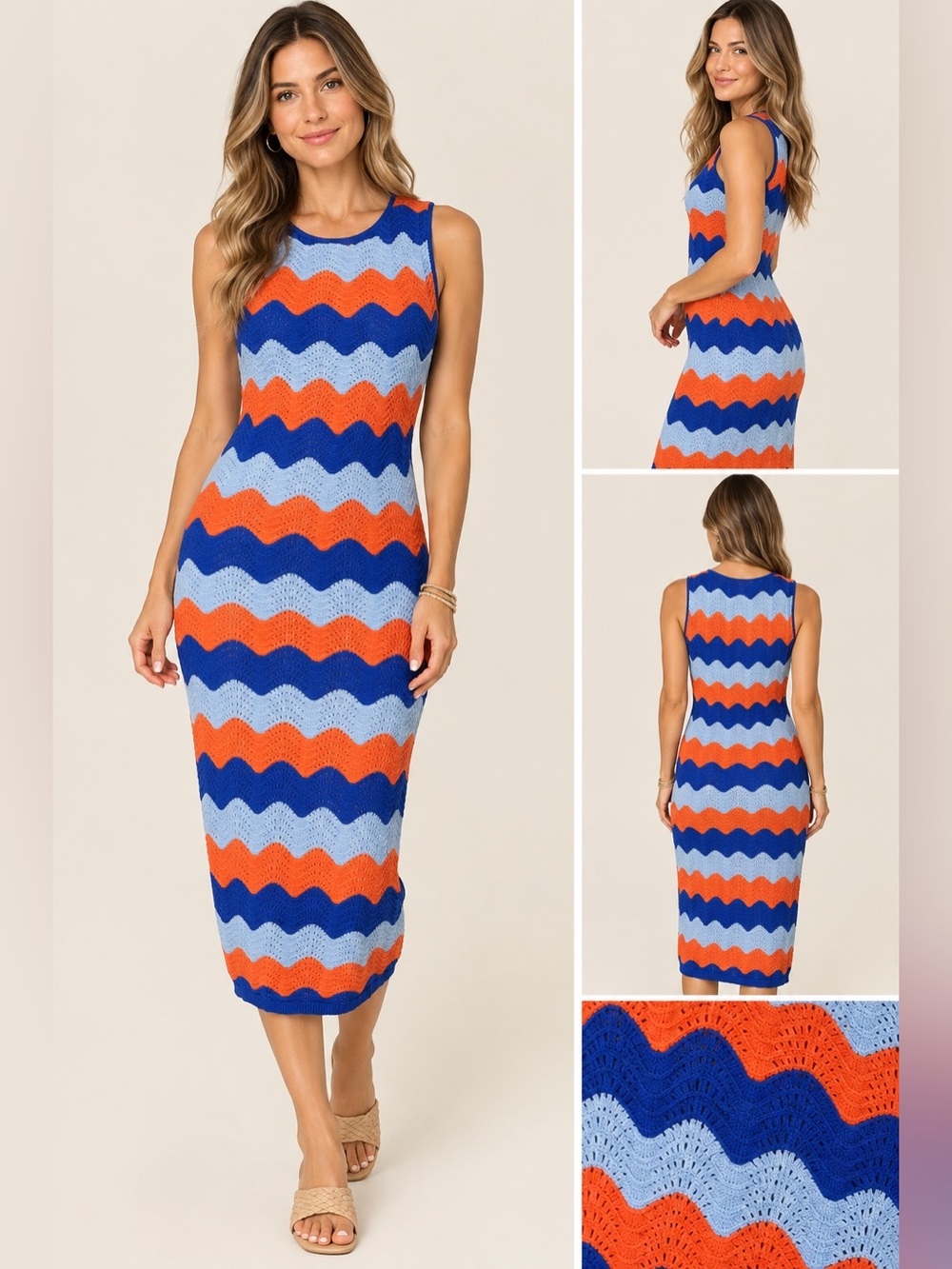 Electric & Rose Julia Knit Midi Dress Size L Tangerine Cobalt Chevron Crochet